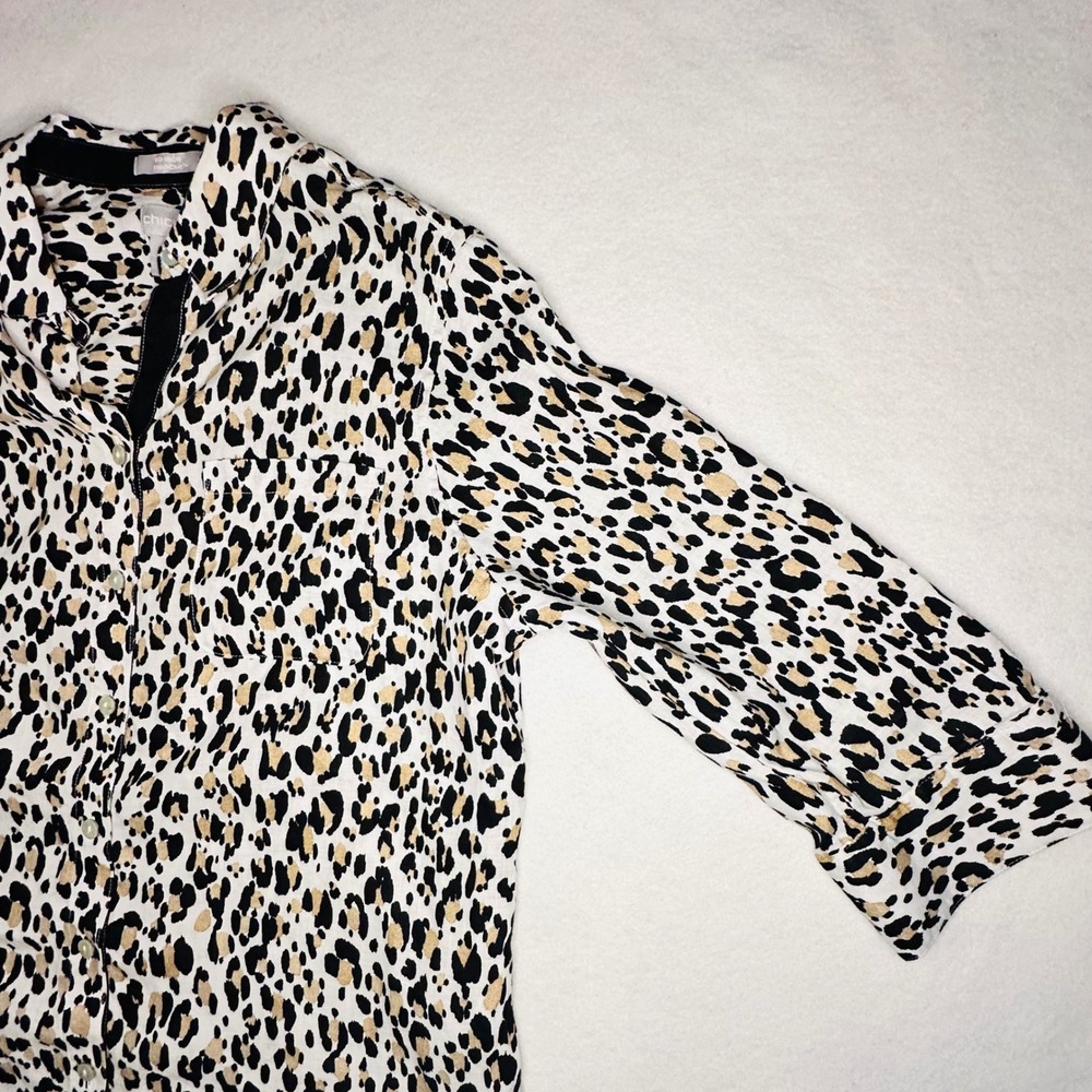 Chico's No Iron Leopard Print Button Down 100% Linen Shirt Women's Size 0.5 - Picture 4 of 8